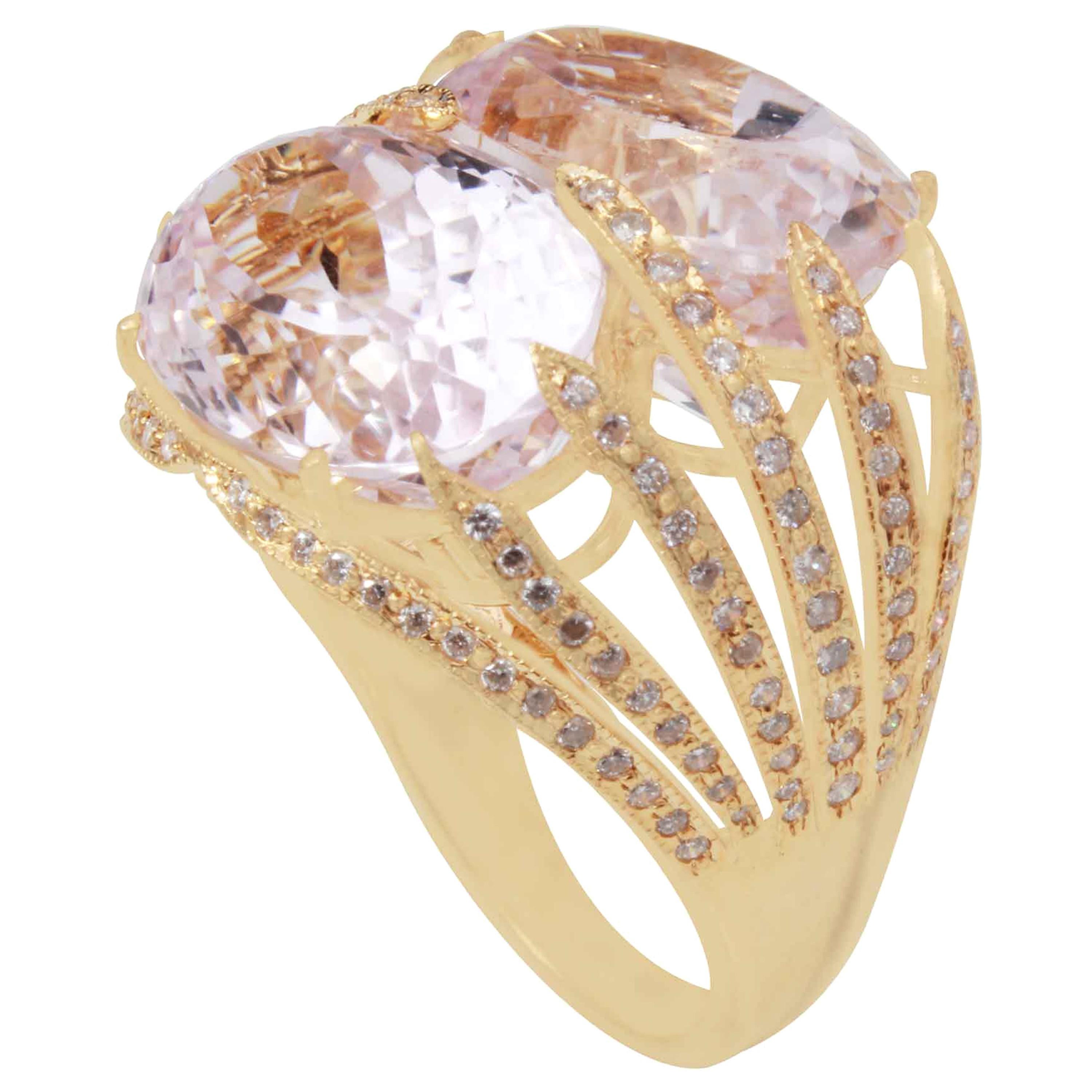 18 Karat Yellow Gold Kunzite and Diamond Ring For Sale