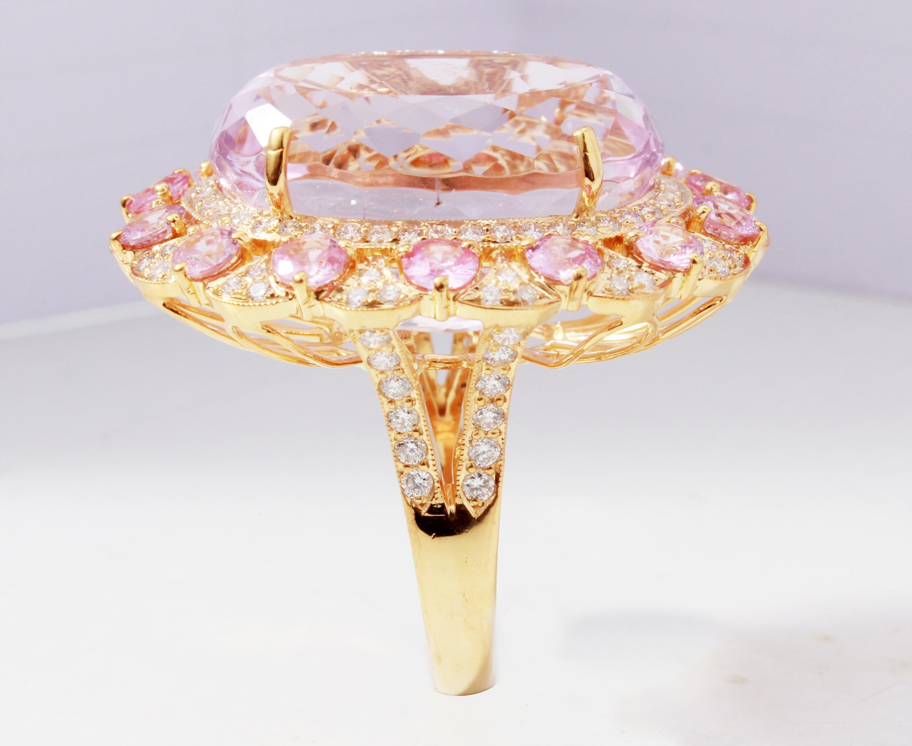 Oval Cut 18K Yellow Gold Kunzite with Pink Sapphire and Diamond Ring For Sale
