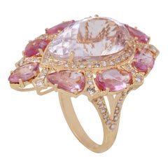 18 Karat Yellow Gold Kunzite with Pink Sapphire and Diamond Ring