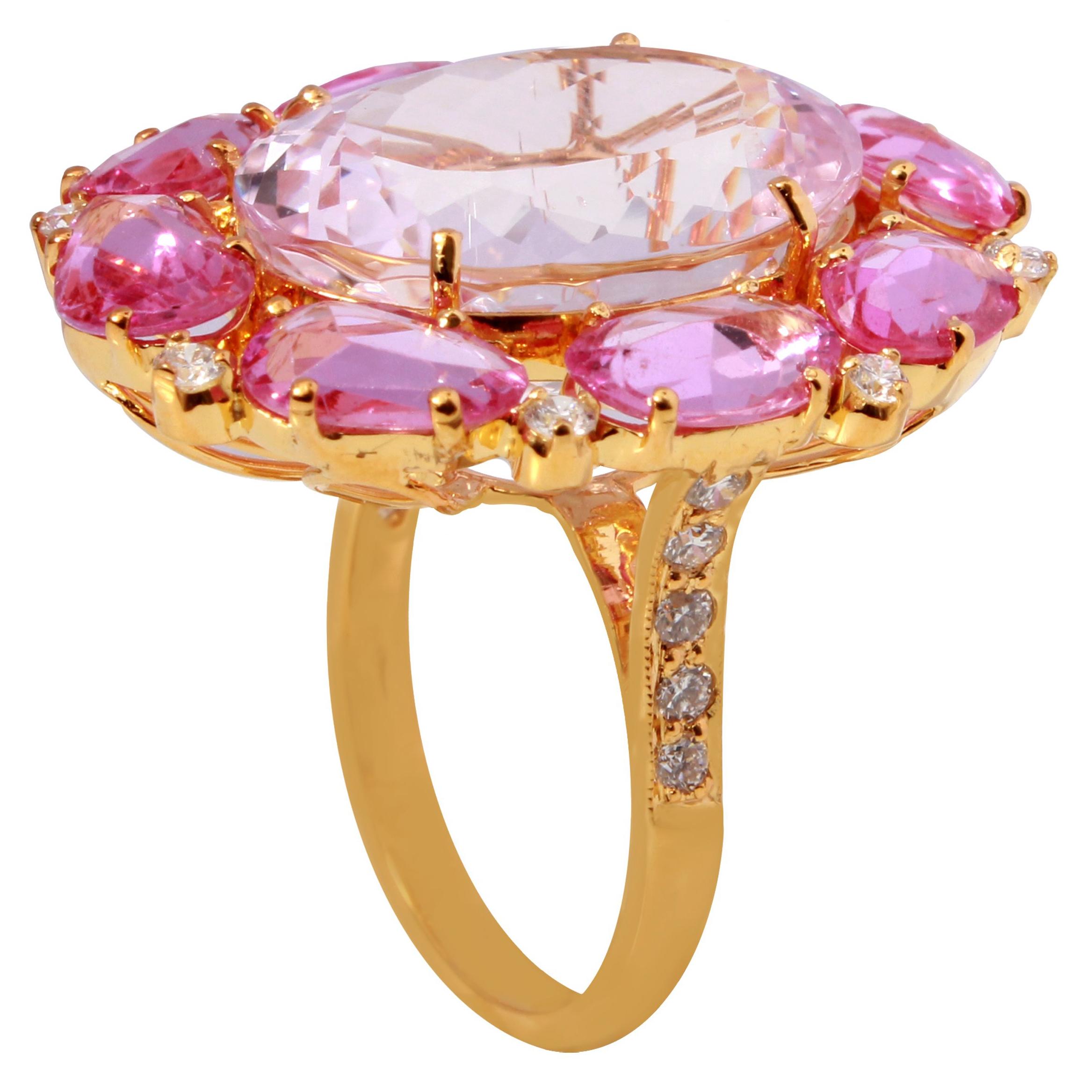18 Karat Yellow Gold Kunzite with Pink Sapphire and Diamond Ring For Sale