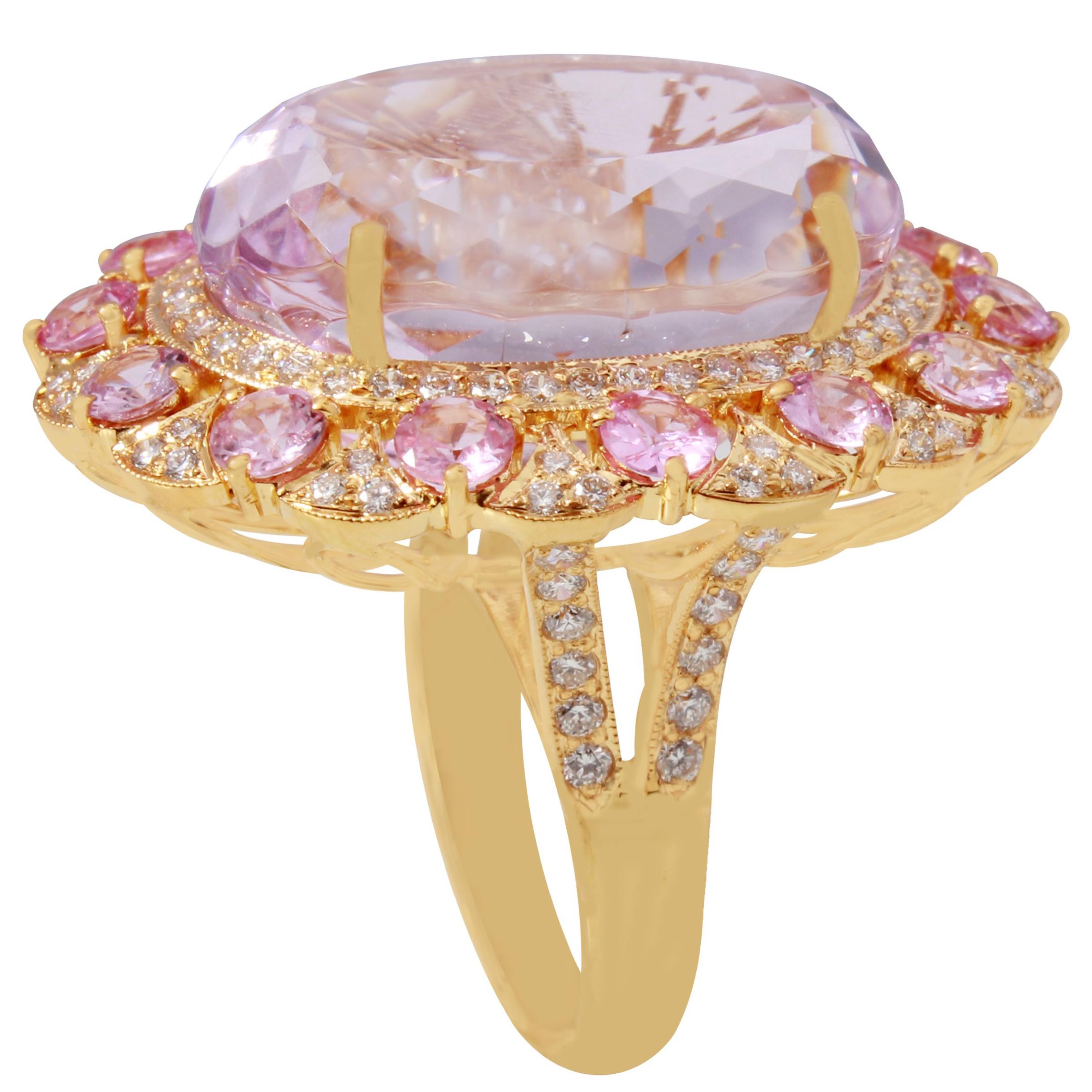 18K Yellow Gold Kunzite with Pink Sapphire and Diamond Ring For Sale