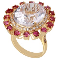 18 Karat Yellow Gold Kunzite with Ruby and Diamond Ring