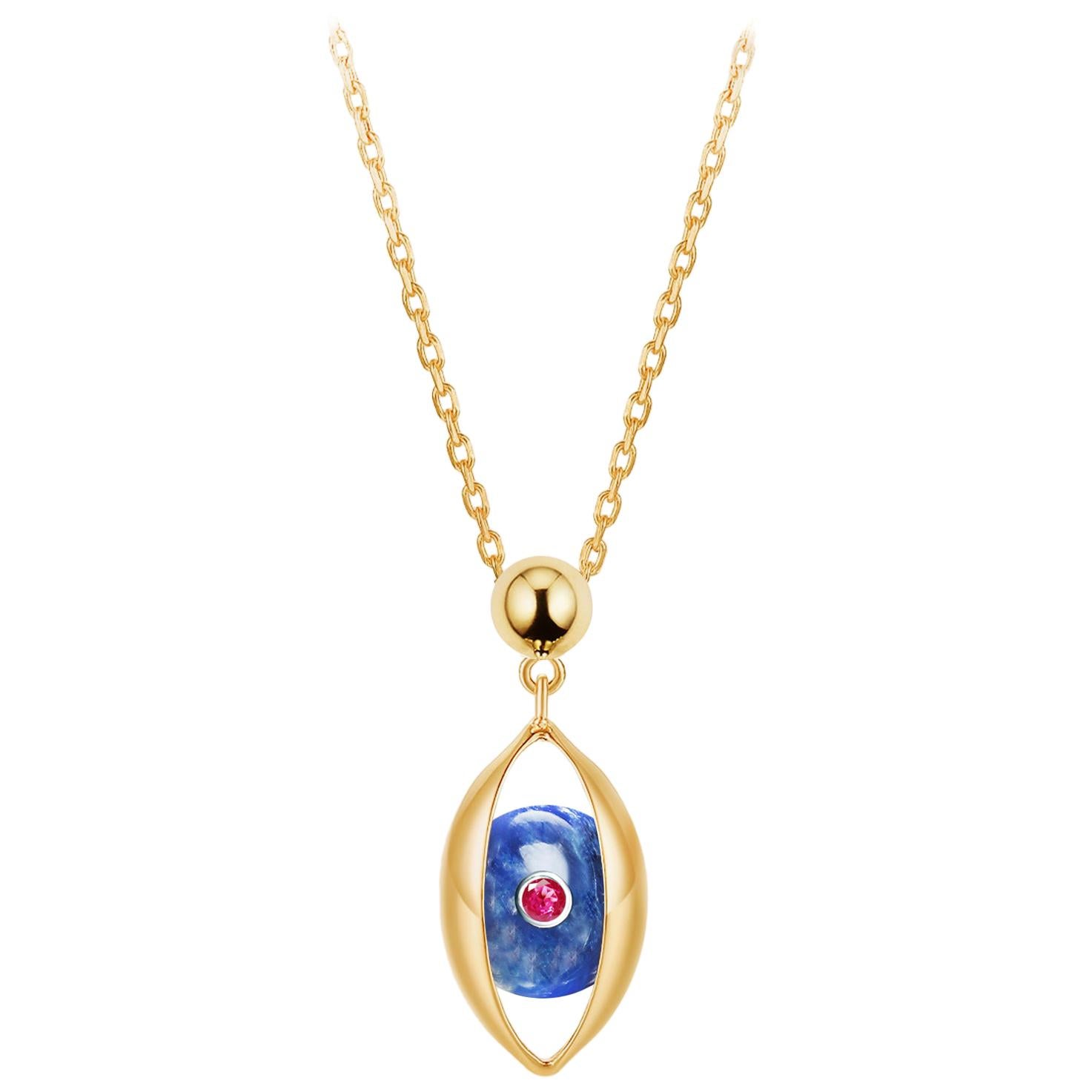 Eye Unisex Small Pendant Necklace 18 Karat Yellow Gold Blue Kyanite Ruby Diamond For Sale