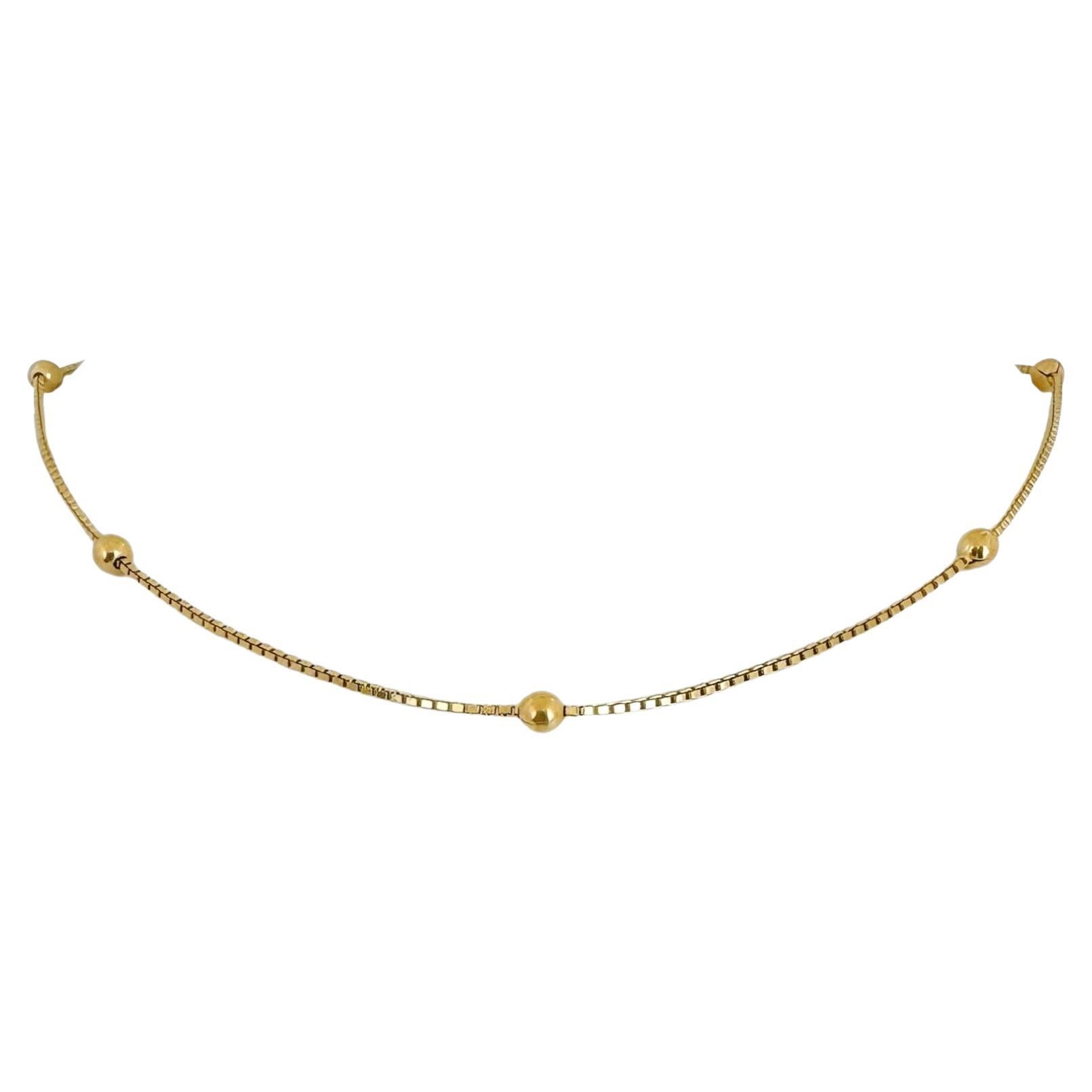 18 Karat Yellow Gold Ladies Box Link Ball Bead Station Necklace Italy 