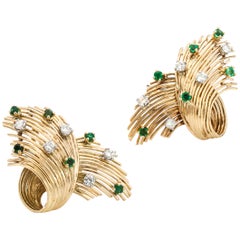 Vintage 18 Karat Yellow Gold Ladies Clip-On Earrings with Natural Emeralds and Diamonds