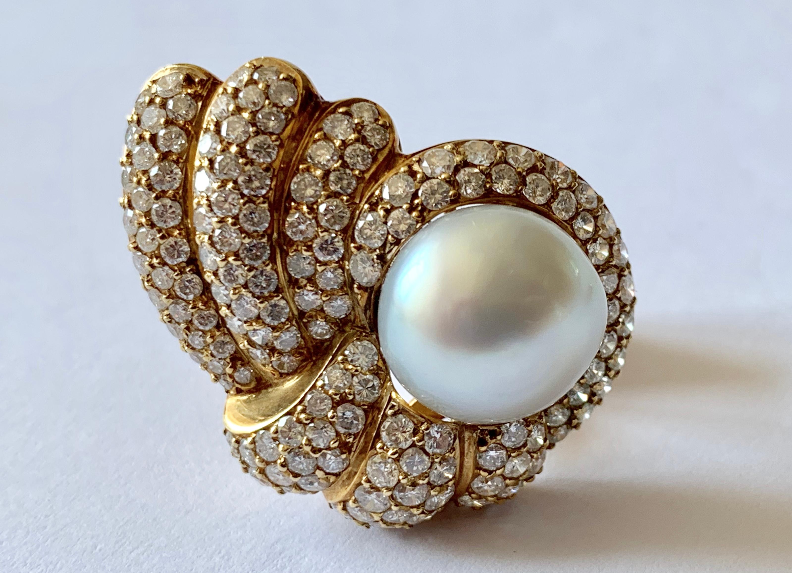 Contemporary 18 Karat Yellow Gold Ladies Clip-On Earrings with South Sea Pearls and Diamonds For Sale