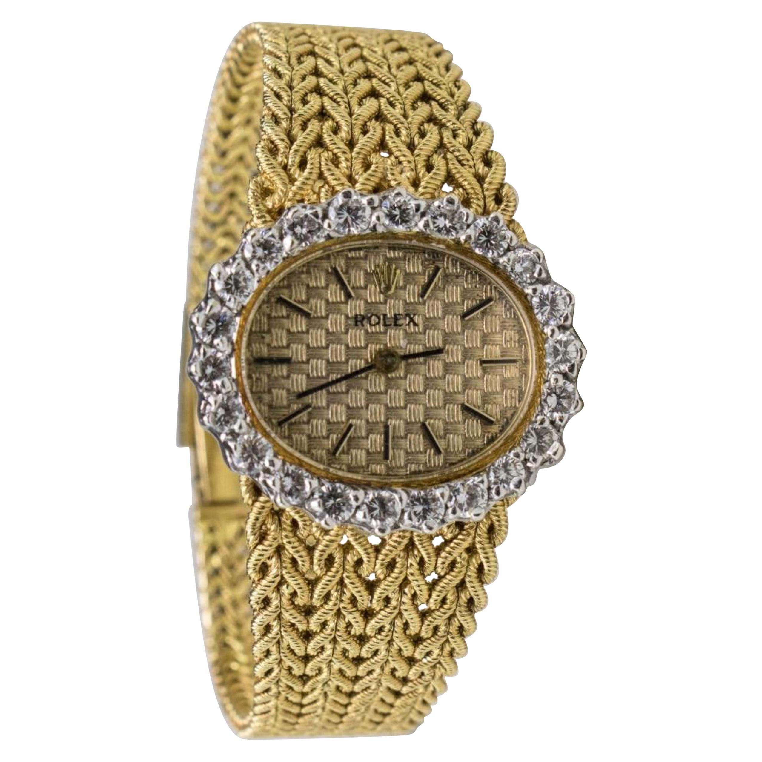 18 Karat Yellow Gold Ladies Diamond and Gold Rolex Watch For Sale