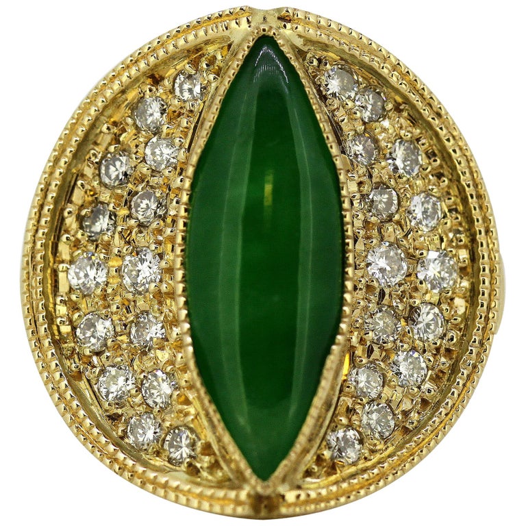 18 Karat Yellow Gold Ladies Ring with Natural Jade and Diamonds, USA ...