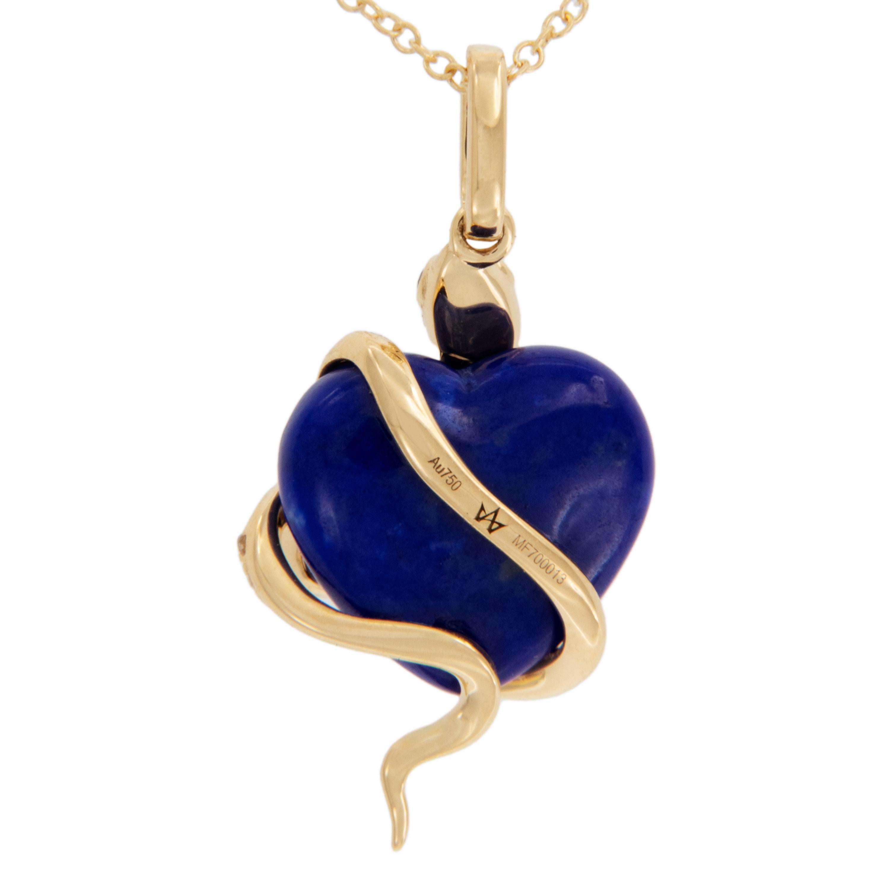 Contemporary 18 Karat Yellow Gold Lapis Heart Serpent Necklace with Diamonds Rubies Emerald