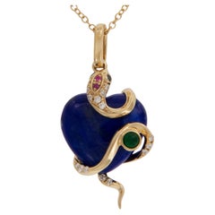 18 Karat Yellow Gold Lapis Heart Serpent Necklace with Diamonds Rubies Emerald
