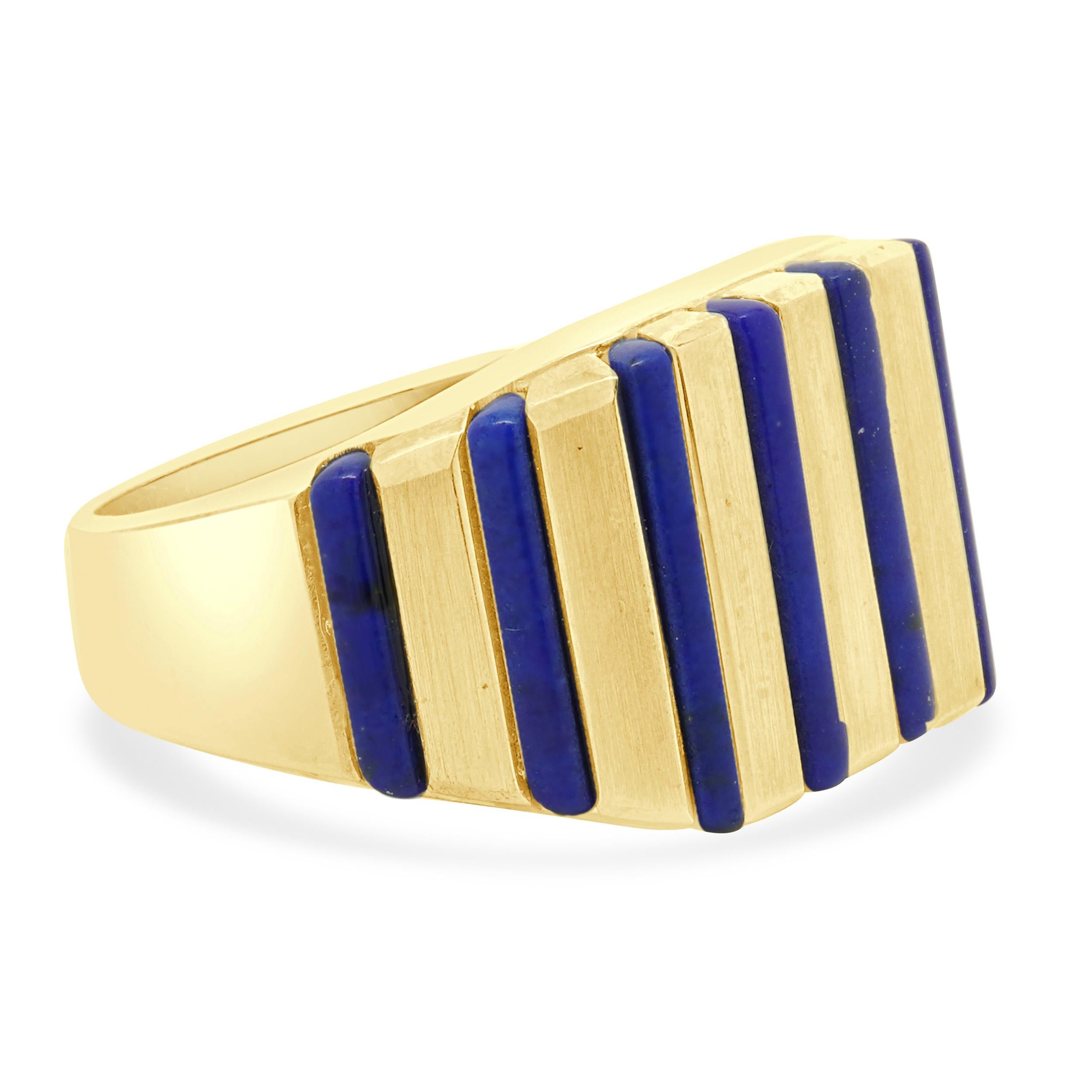 Mixed Cut 18 Karat Yellow Gold Lapis Inlay Gents Ring For Sale