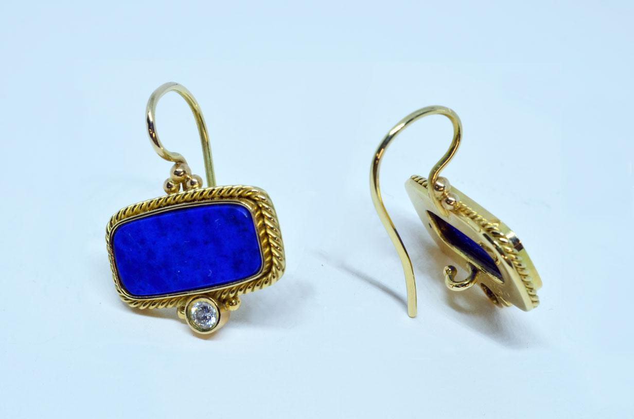 Artisan 18 Karat Yellow Gold Lapis Lazuli and Diamond Earrings Handmade For Sale