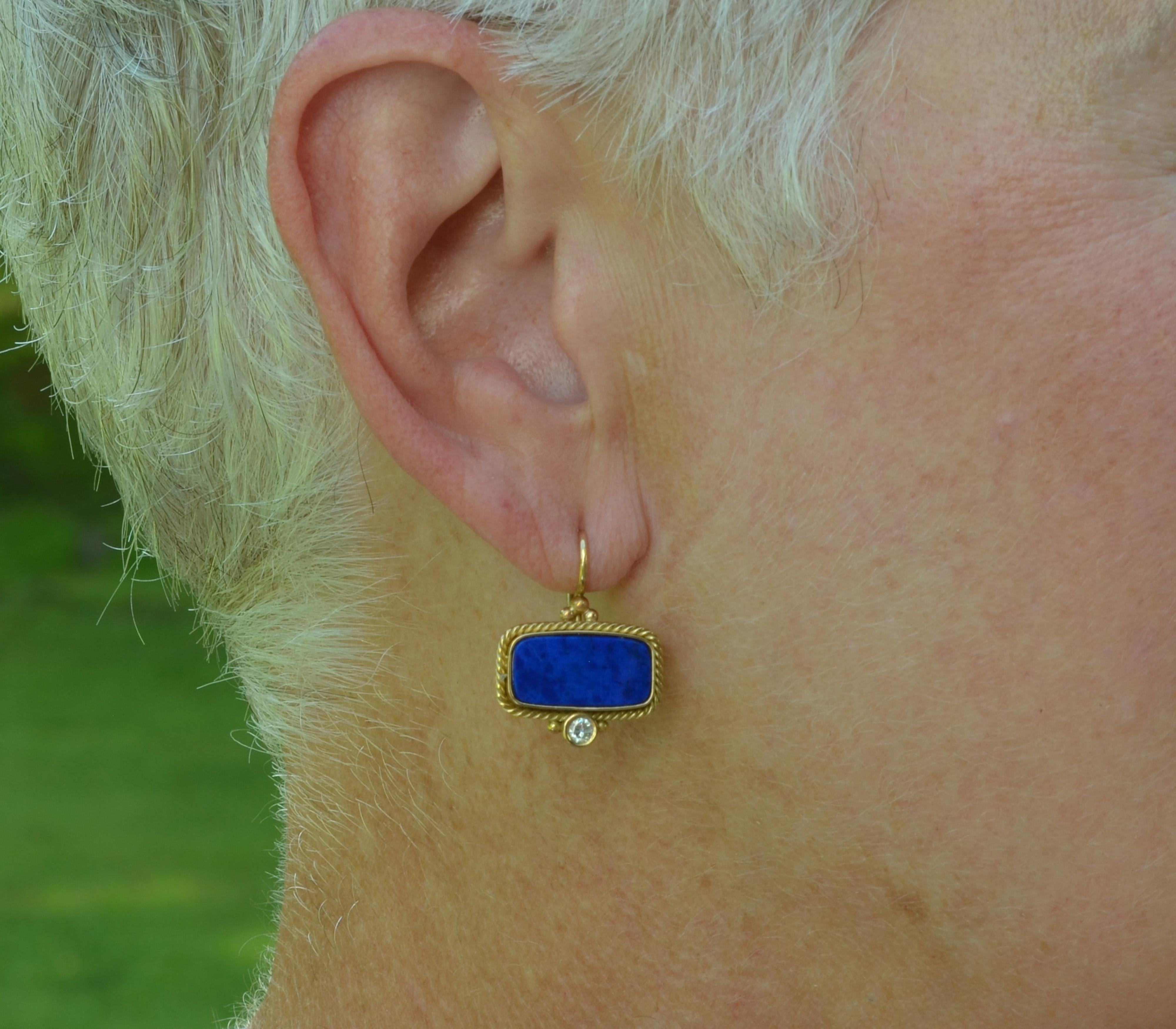 18 Karat Yellow Gold Lapis Lazuli and Diamond Earrings Handmade In New Condition For Sale In Warren, ME