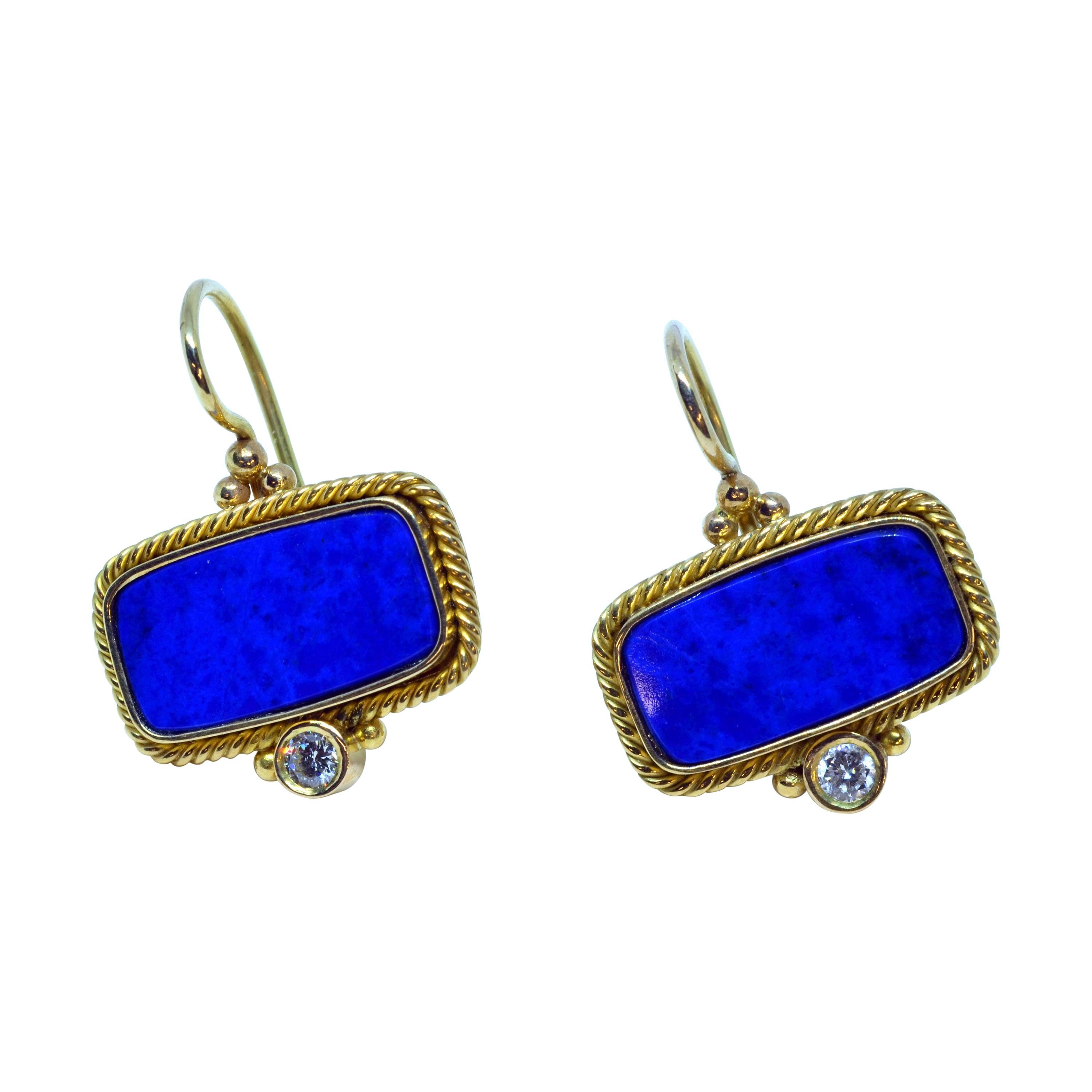 18 Karat Yellow Gold Lapis Lazuli and Diamond Earrings Handmade For Sale