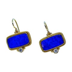 18 Karat Yellow Gold Lapis Lazuli and Diamond Earrings Handmade