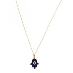18 Karat Yellow Gold Lapis Lazuli and Emerald Hamsa Necklace