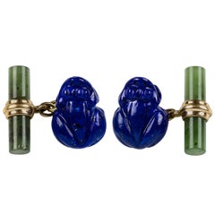 Boutons de manchette grenouille en or jaune 18 carats, lapis-lazuli et jade