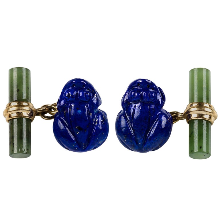 18 Karat Yellow Gold Lapis Lazuli and Jade Frog Cufflinks For Sale