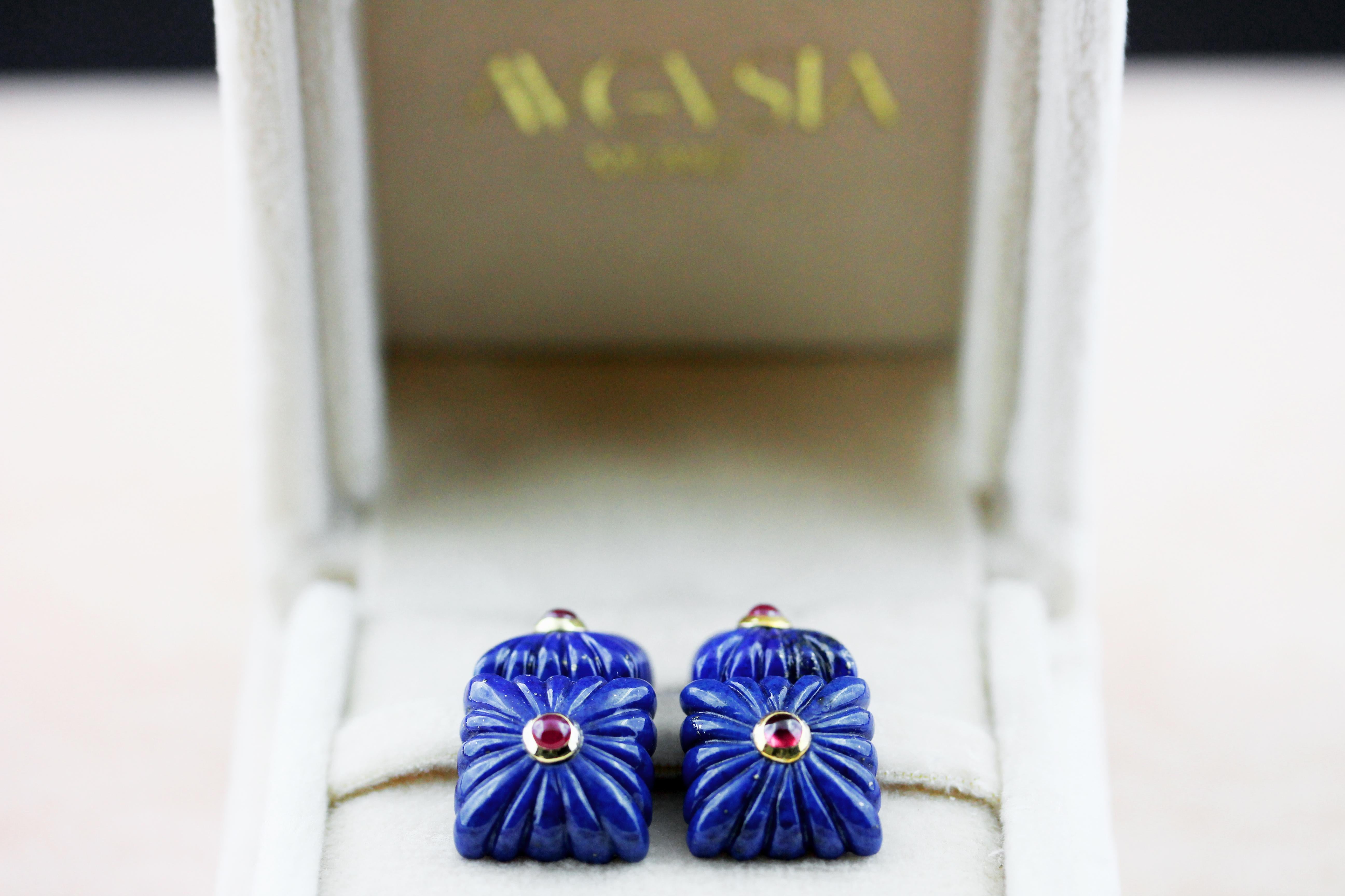 18 Karat Yellow Gold Lapis Lazuli and Rubies Double Square Cufflinks In New Condition For Sale In Milano, IT