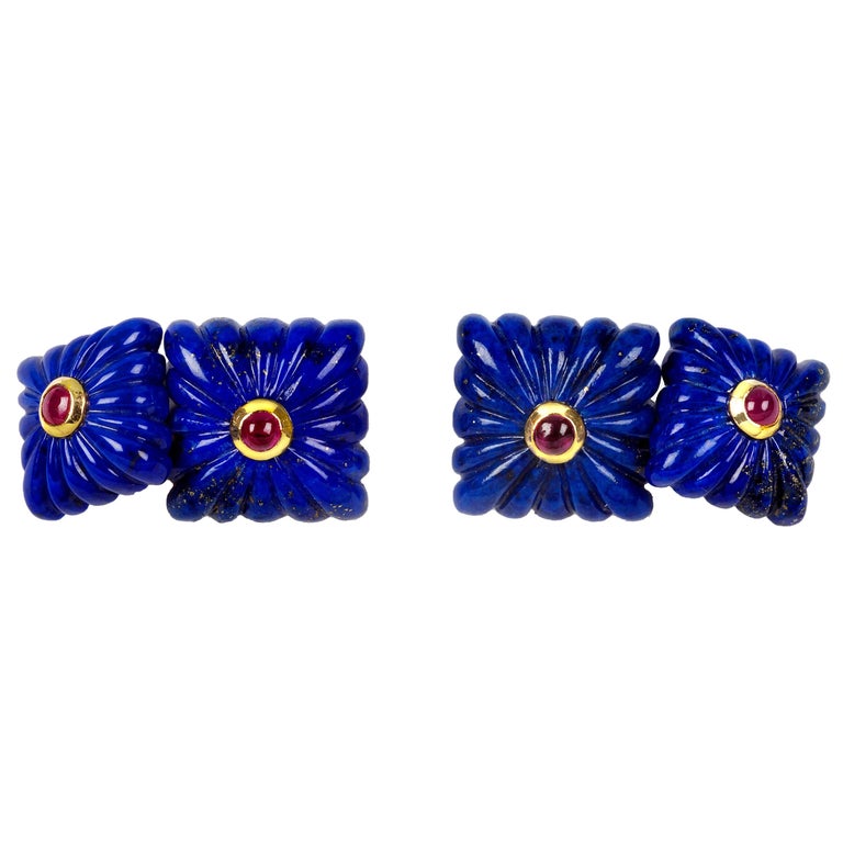 18 Karat Yellow Gold Lapis Lazuli and Rubies Double Square Cufflinks For Sale