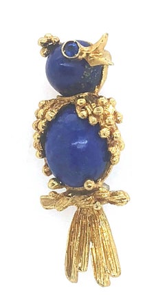 18 Karat Yellow Gold Lapis Lazuli and Sapphire Bird Brooch