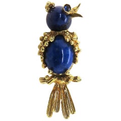 Antique 18 Karat Yellow Gold Lapis Lazuli and Sapphire Bird Brooch