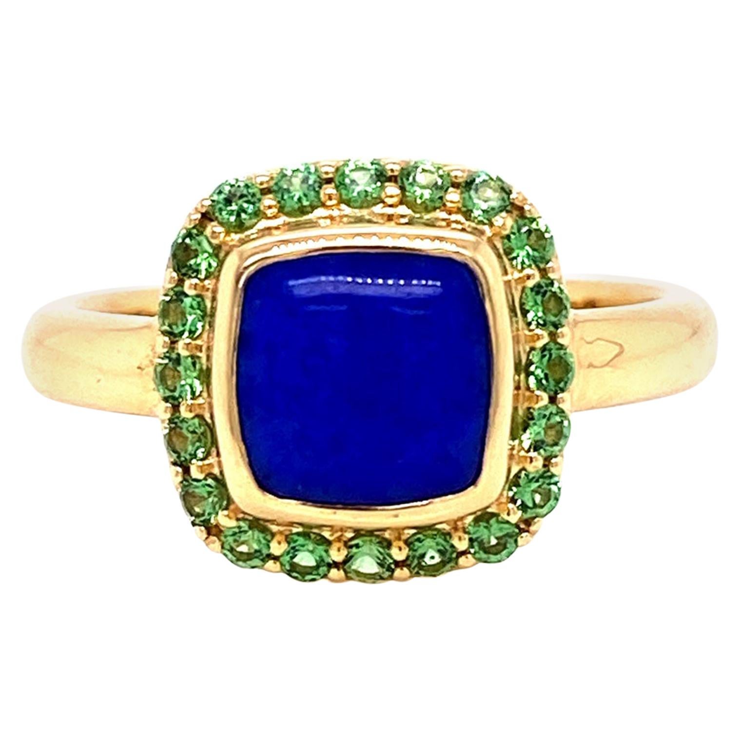 18 Karat Yellow Gold Lapis Lazuli and Tsavorite Garnet Halo Ring