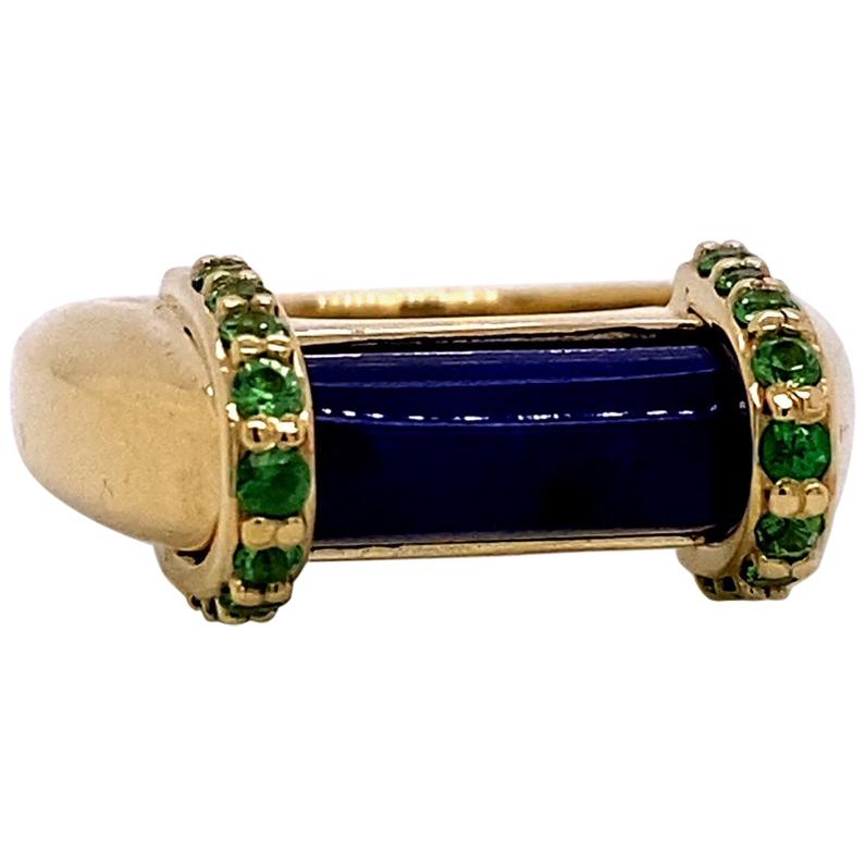 18 Karat Yellow Gold Lapis Lazuli and Tsavorite Garnet Ring For Sale
