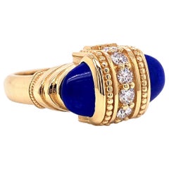 18 Karat Yellow Gold Lapis Lazuli and White Diamond Arch Ring