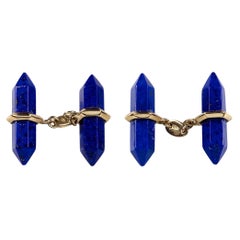 Boutons de manchette barre en or jaune 18 carats et lapis-lazuli