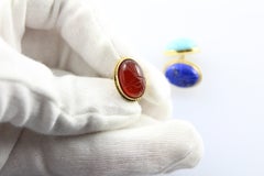 18 Karat Yellow Gold Lapis Lazuli Carnelian Green Agate  Beetles Cufflinks