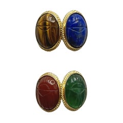 18 Karat Yellow Gold Lapis Lazuli Carnelian Green Agate  Beetles Cufflinks