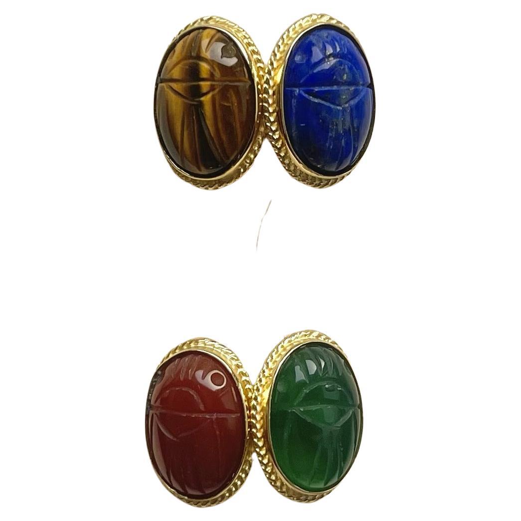 Agate verte cornaline lapis-lazuli or jaune 18 carats  Boutons de manchette scarabées