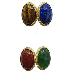 Agate verte cornaline lapis-lazuli or jaune 18 carats  Boutons de manchette scarabées