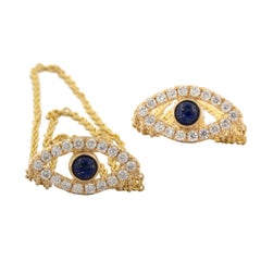 18 Karat Yellow Gold Lapis Lazuli Diamond Evil Eye Dangle Earrings