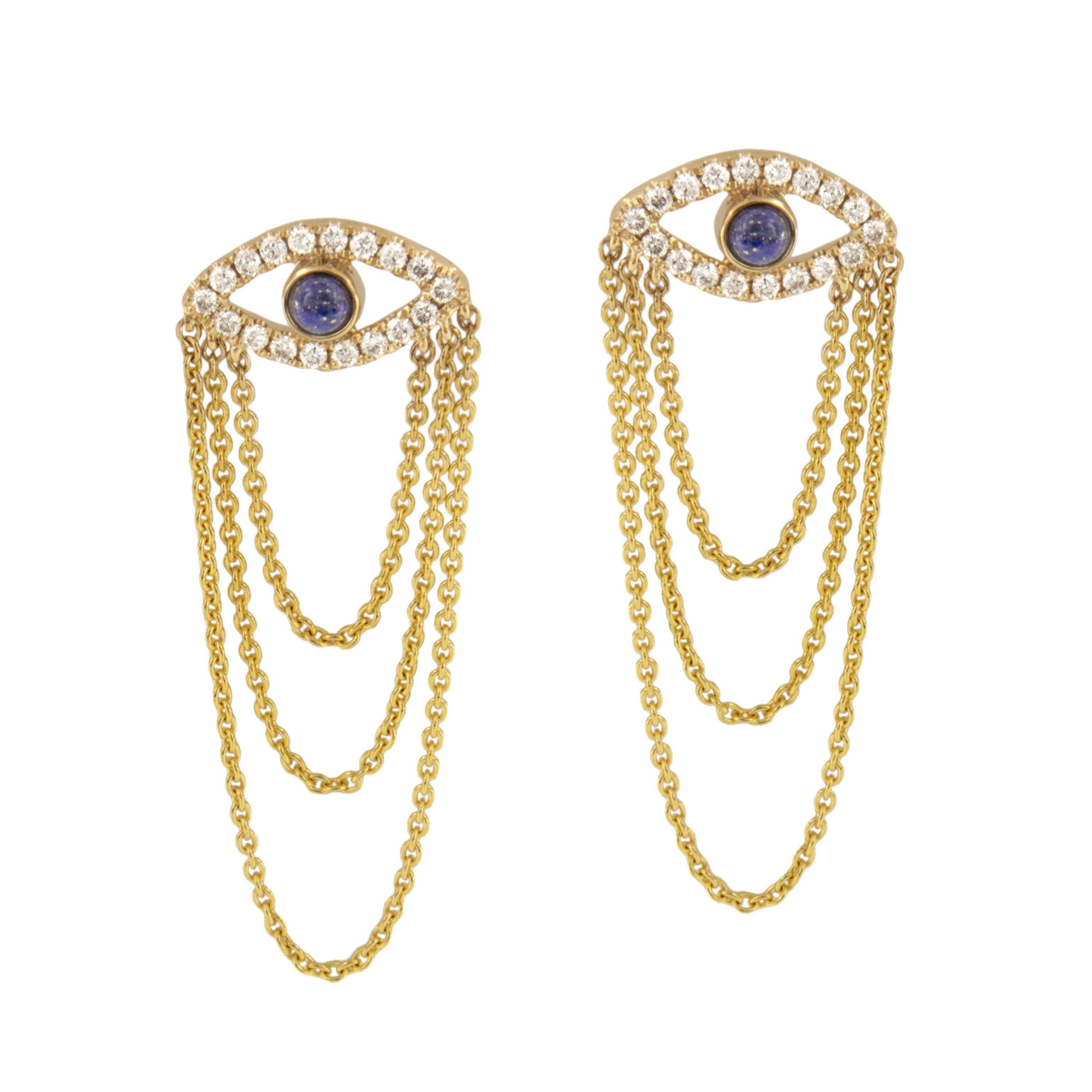 Contemporary 18 Karat Yellow Gold Lapis Lazuli Diamond Evil Eye Dangle Earrings  For Sale