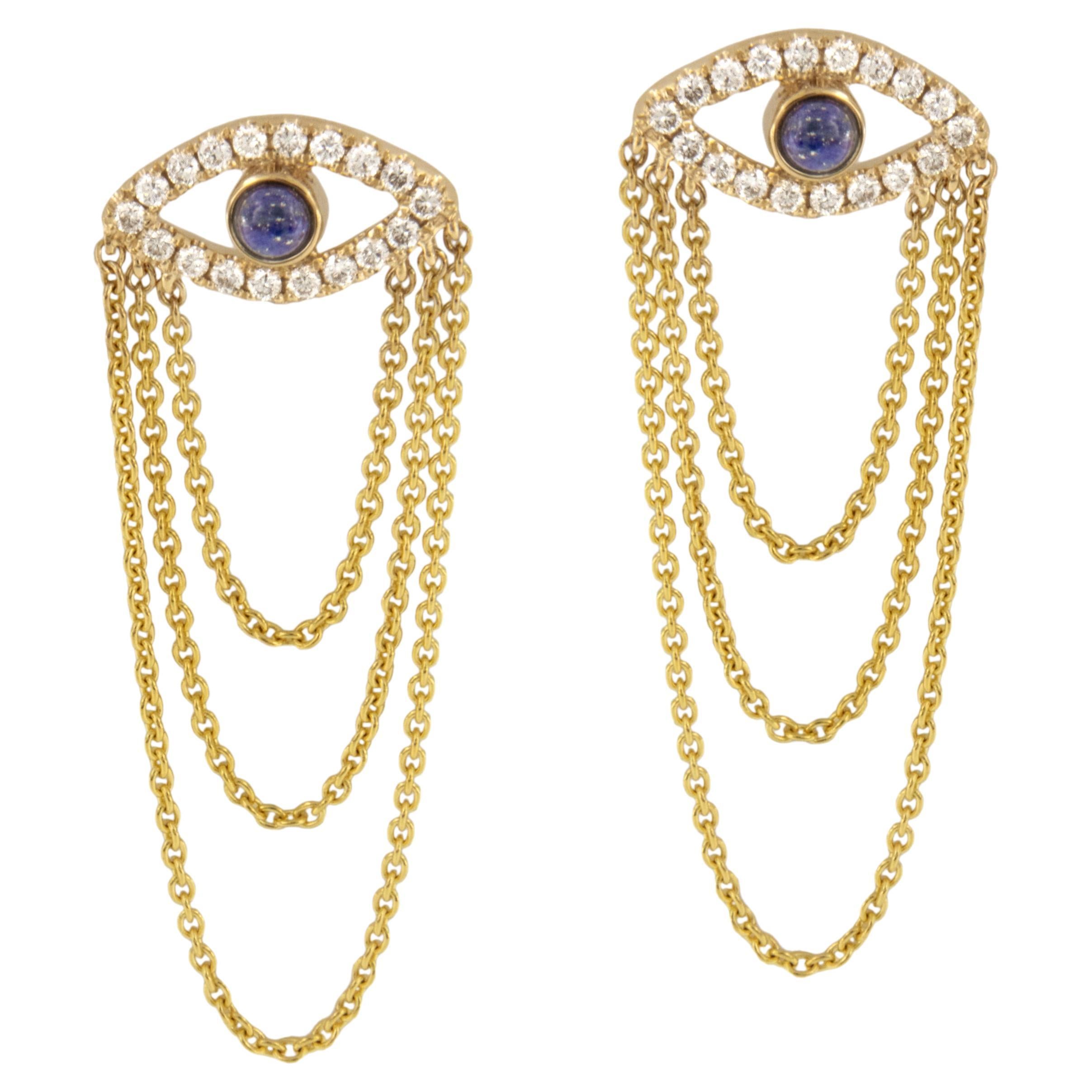 18 Karat Yellow Gold Lapis Lazuli Diamond Evil Eye Dangle Earrings 