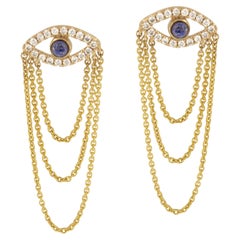 18 Karat Yellow Gold Lapis Lazuli Diamond Evil Eye Dangle Earrings 