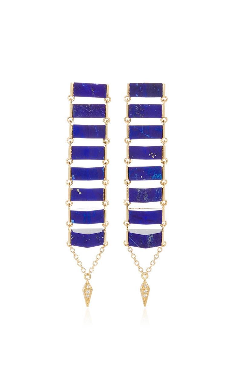 Contemporary 18 Karat Yellow Gold Lapis Lazuli Diamond Ladder Earrings
