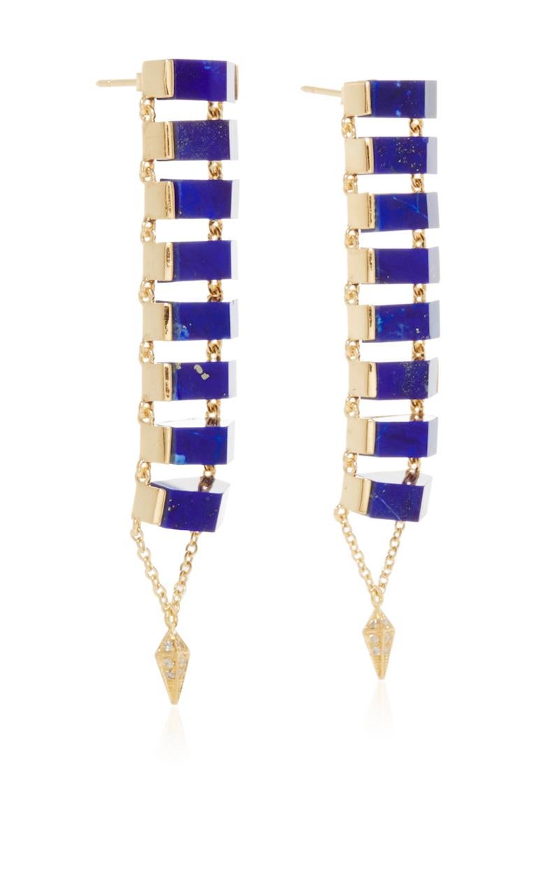 18 Karat Yellow Gold Lapis Lazuli Diamond Ladder Earrings In New Condition In New York, NY