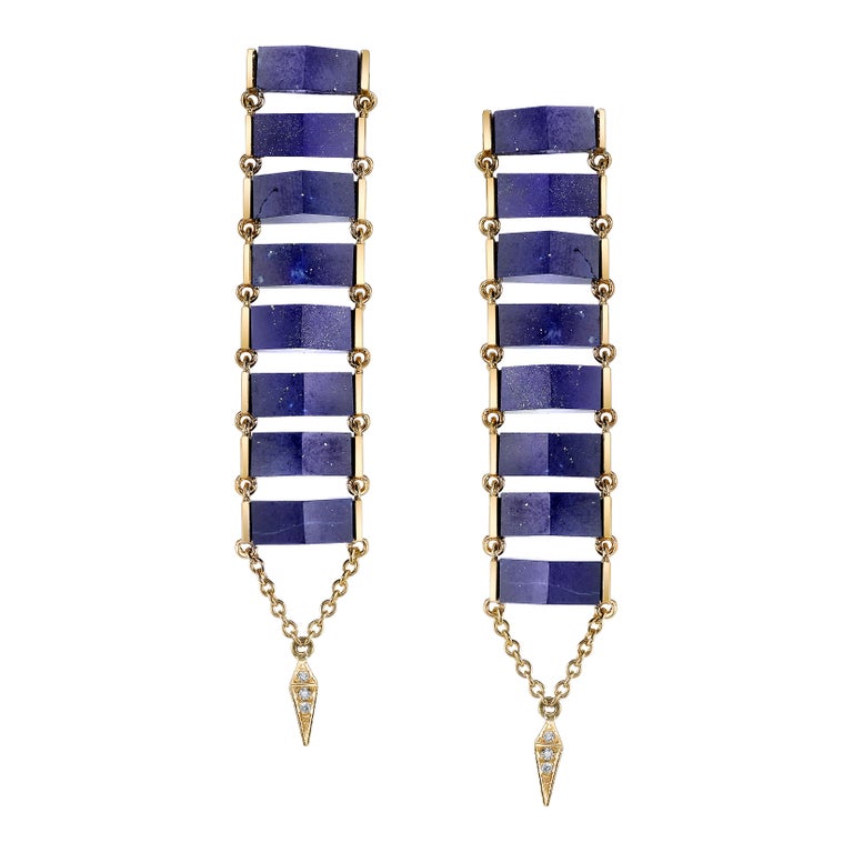 18 Karat Yellow Gold Lapis Lazuli Diamond Ladder Earrings For Sale at 1stDibs