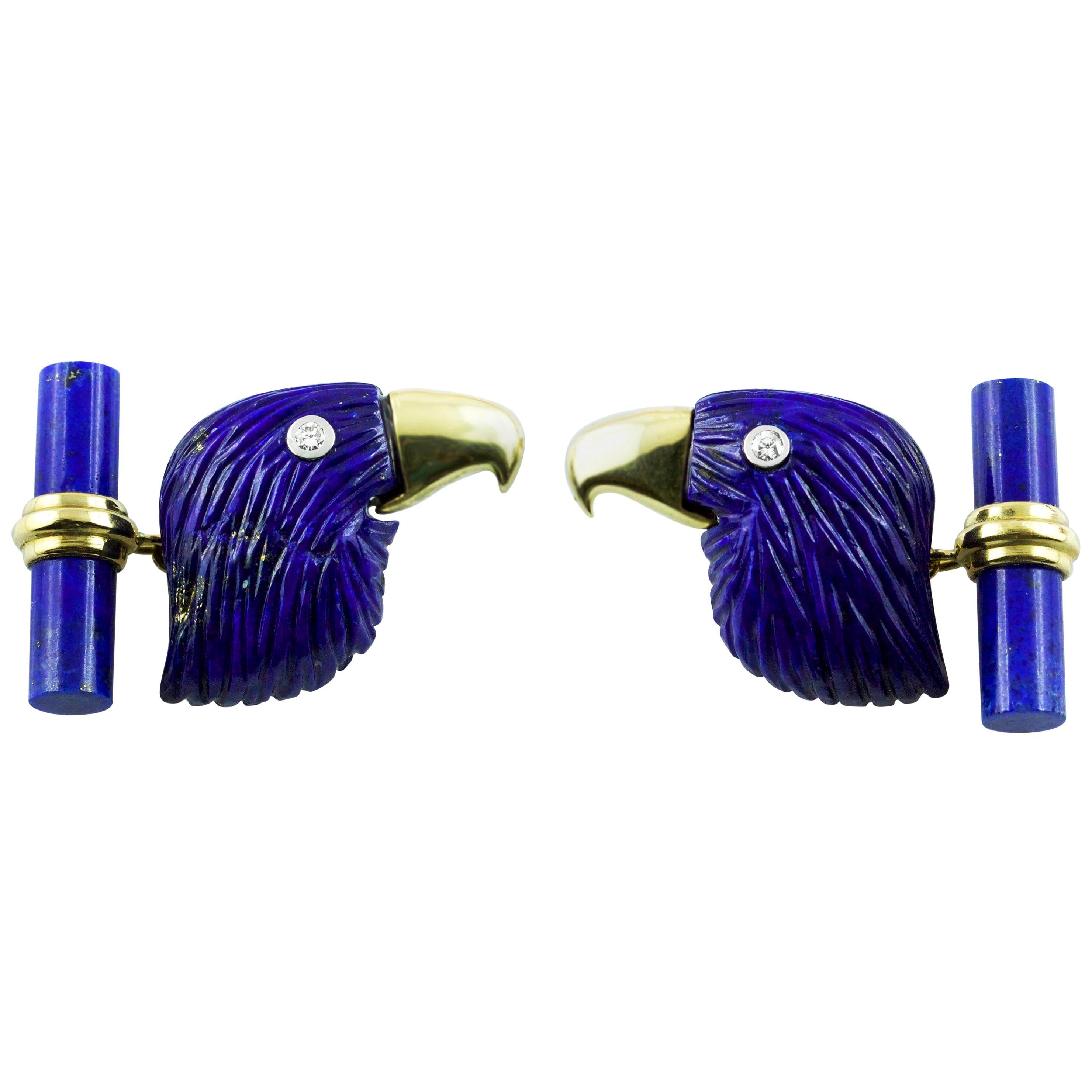 Boutons de manchette en or jaune 18 carats, lapis-lazuli, diamants et aigle en vente