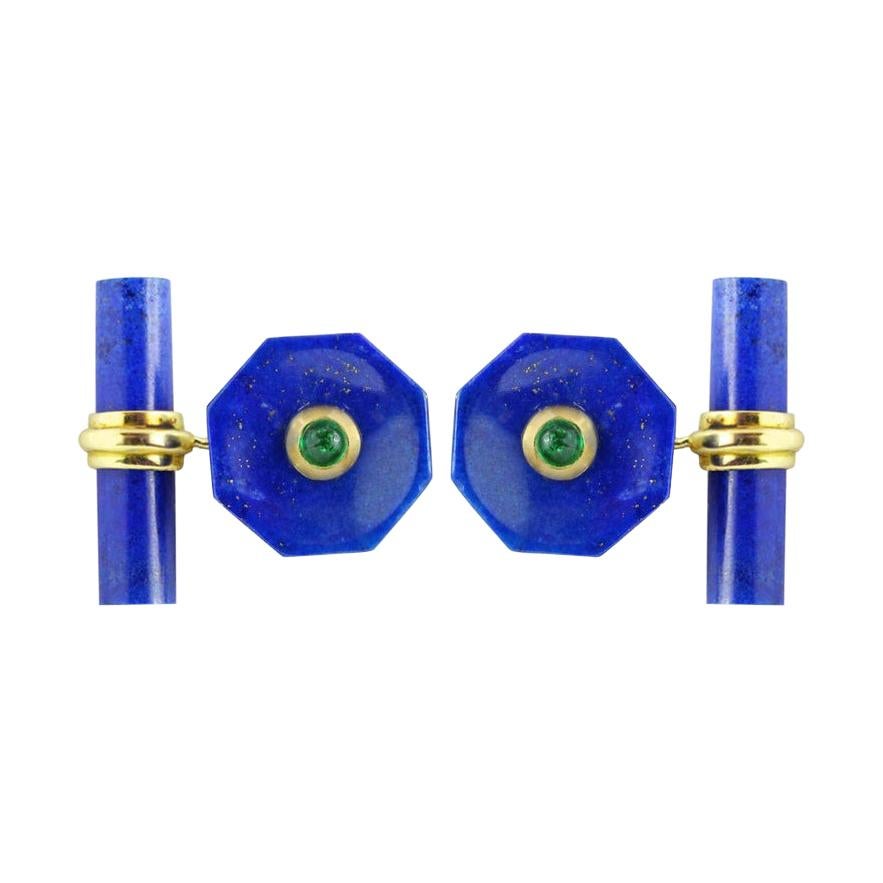 18 Karat Yellow Gold Lapis Lazuli Emeralds Octagonal Cufflinks