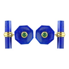 18 Karat Yellow Gold Lapis Lazuli Emeralds Octagonal Cufflinks