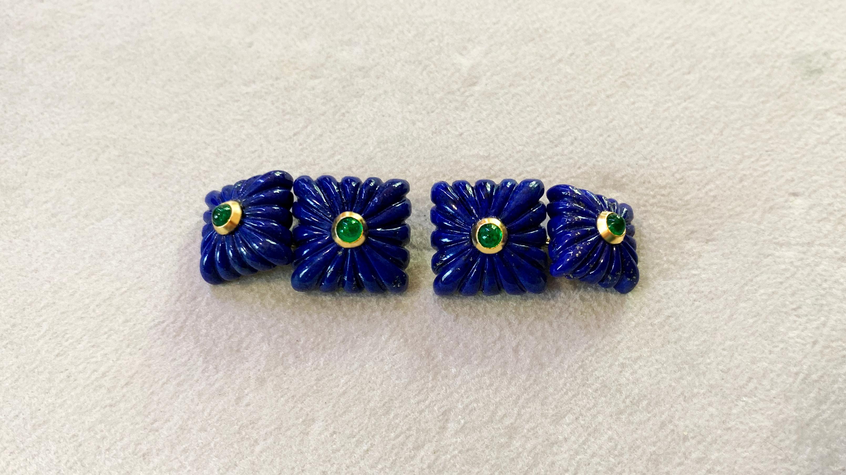 These striking cufflinks are entirely made of lapis lazuli, whose striking deep blue shade highlights the classic “fesonato” texture of front face and toggle. Both elements feature a squared shape that is adorned at the center with a cabochon