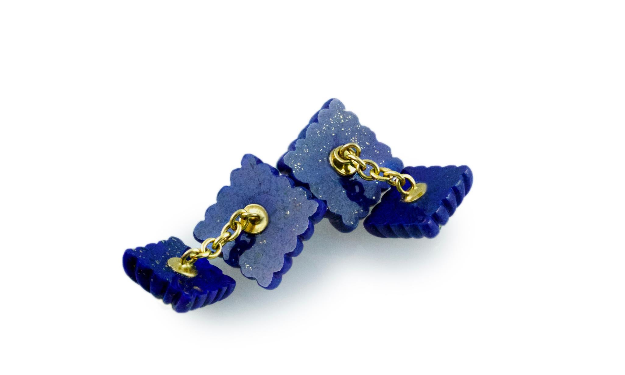 18 Karat Yellow Gold Lapis Lazuli Emeralds Squared Carved Cufflinks In New Condition In Milano, IT