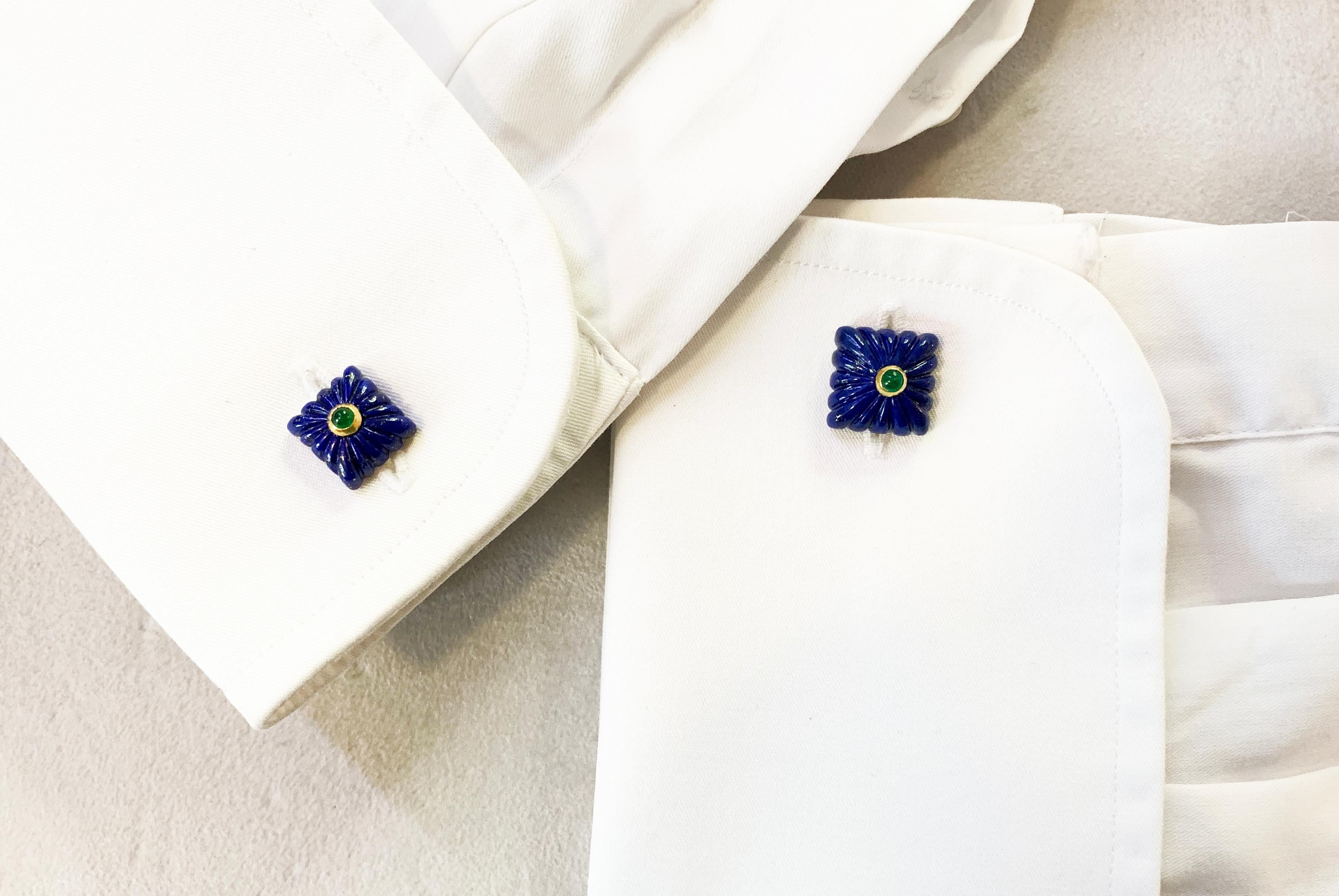 18 Karat Yellow Gold Lapis Lazuli Emeralds Squared Carved Cufflinks 2