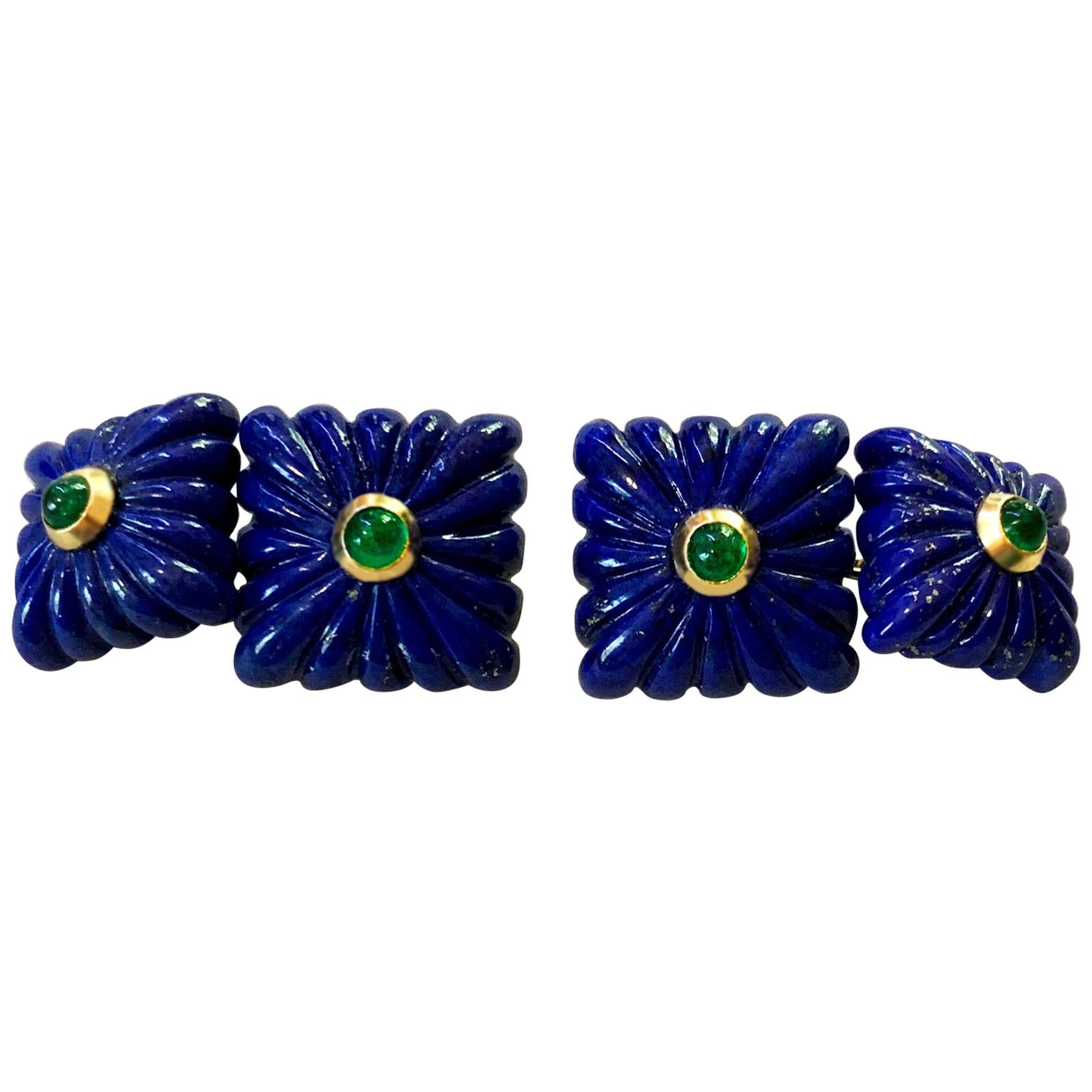 18 Karat Yellow Gold Lapis Lazuli Emeralds Squared Carved Cufflinks