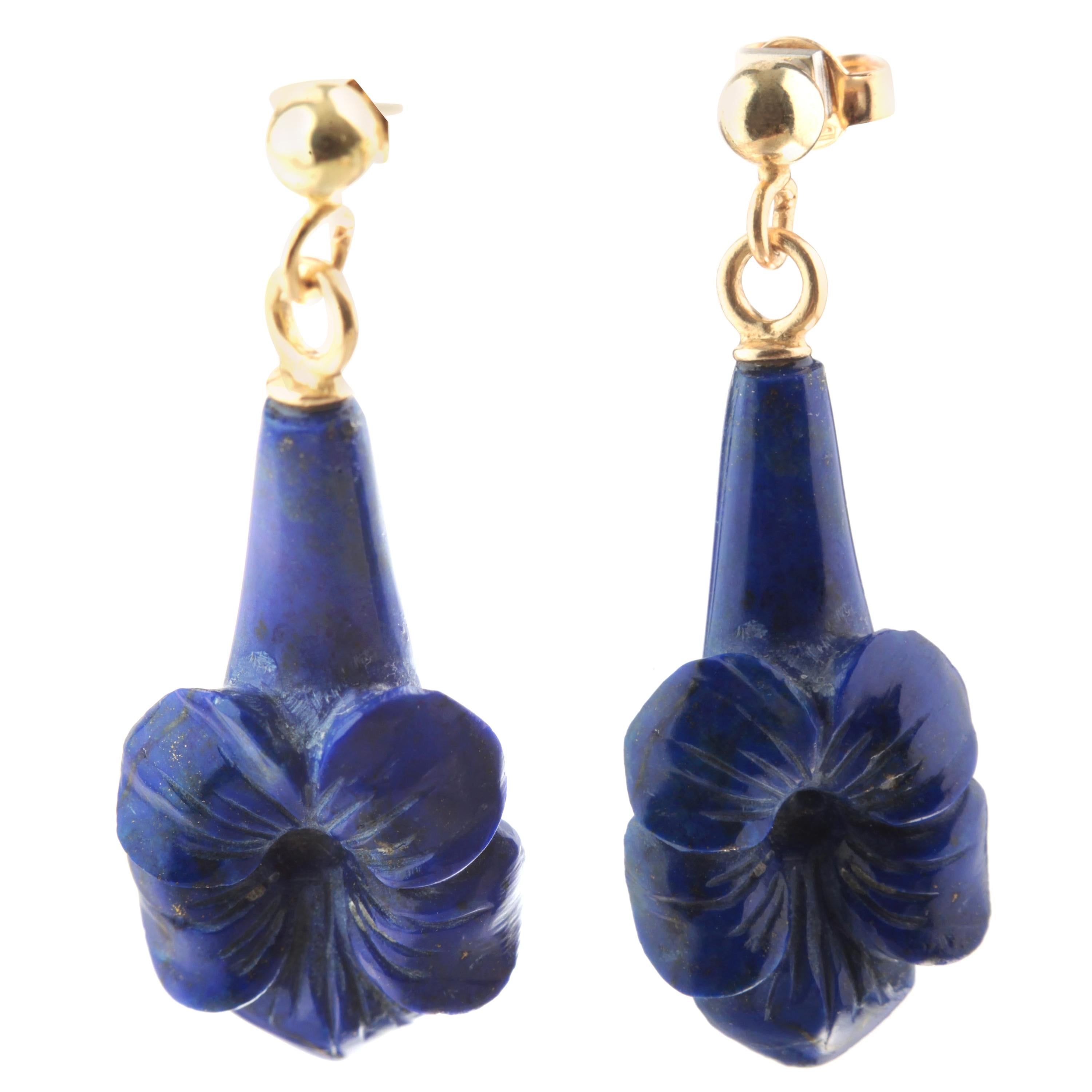18 Karat Yellow Gold Lapis Lazuli Flower Drop Modern Cocktail Chic Earrings