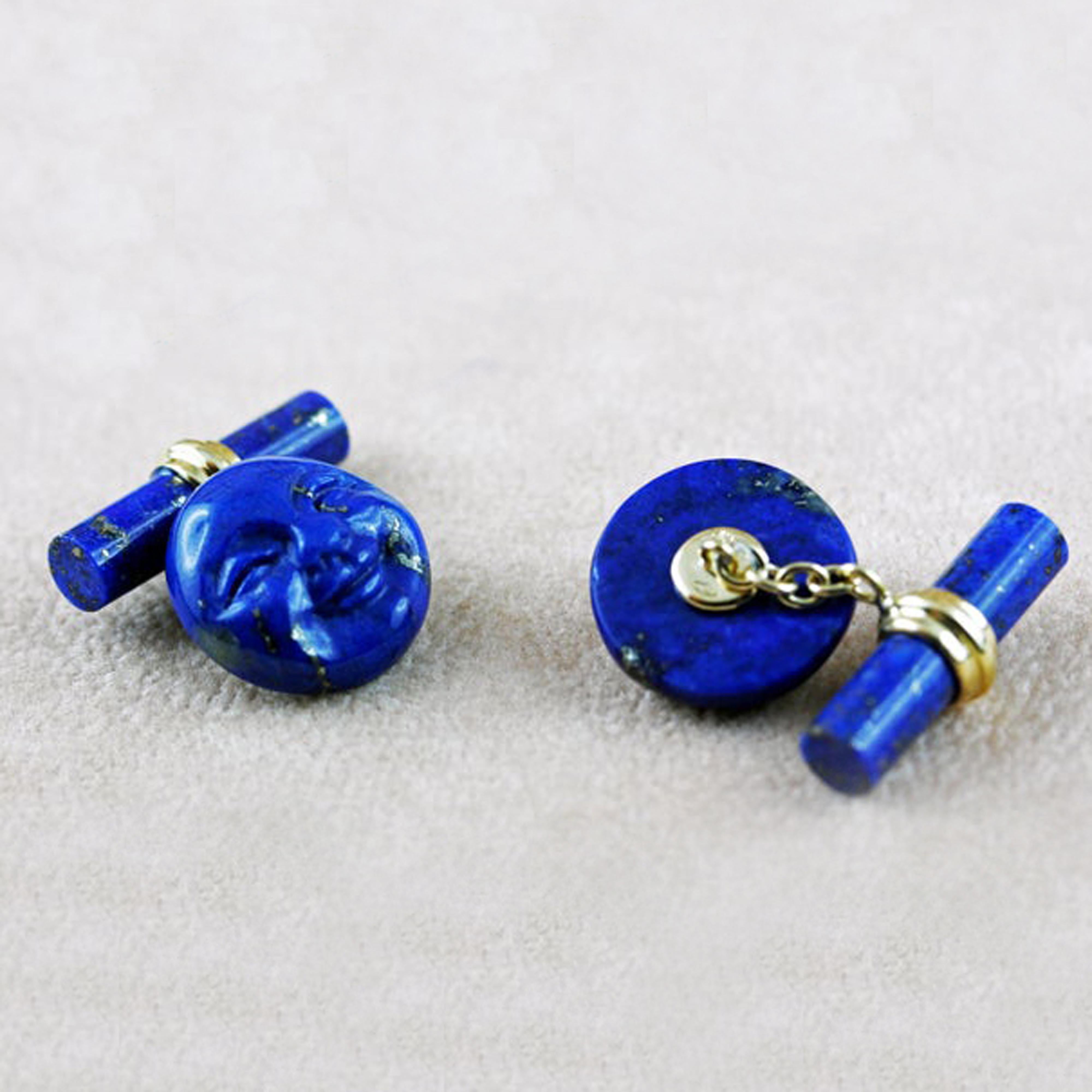 Mixed Cut 18 Karat Yellow Gold Lapis Lazuli Moon Smiling Face Cufflinks For Sale